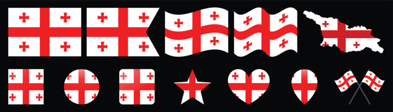 Georgia flag icon set, collection of georgian national symbols in various shapes and designs, isolated on black background.