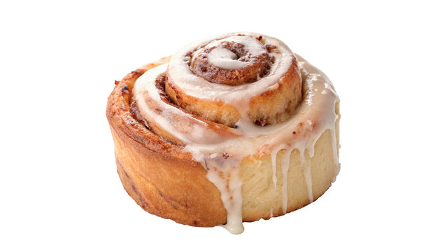 Fresh baked sweet cinnamon roll bun pastry with white glaze isolated on transparent background
