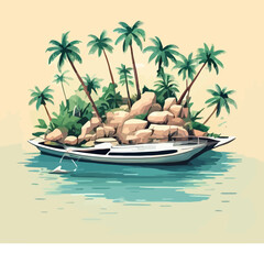 Obraz premium A small boat carries a rocky island with palm trees at sea