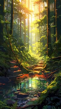 Golden light beams filtering through dense forest trees.