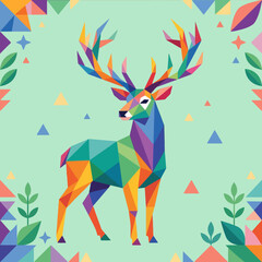A colorful geometric deer stands against a light green background © Aha