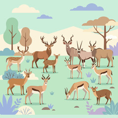 A group of wild deer and antelopes in a flat landscape © Aha