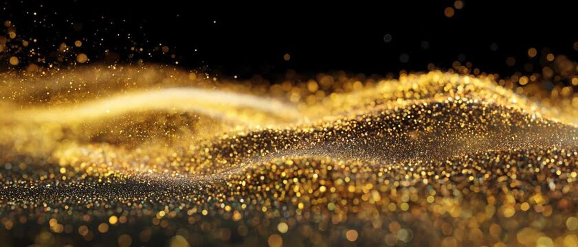 Abstract Golden Shimmer: A mesmerizing display of golden particles flowing and swirling like liquid light against a deep black background, creating an ethereal and luxurious atmosphere.