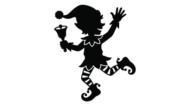 Black vector illustration of a happy christmas elf holding a jingle bell while waving hand