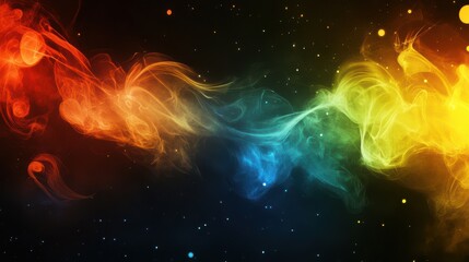 Fototapeta premium Abstract magical rainbow smoke background with glowing colorful fiery trails on dark starry space.