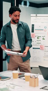 Man, meeting and folder for proposal pitch in office, team and happy speaker for investment strategy. Funding, presentation or planning with file, data or discussion for collaboration at finance firm