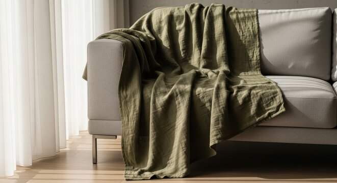 Textured olive green linen throw draped casually over a modern sofa creating a cozy and inviting home decor aesthetic
