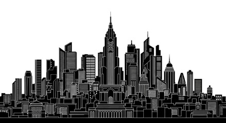 Obraz premium Black and white city skyline silhouette with modern skyscrapers