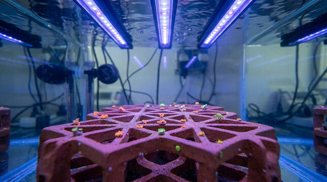3D Printed Terracotta Coral Scaffold with Baby Polyps in Seawater Tank