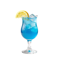 Obraz premium Refreshing blue lagoon cocktail garnished with lemon wedge on a white backdrop in studio shot