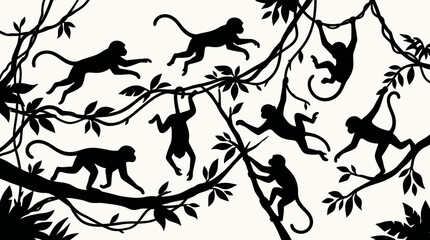 Obraz premium Monkeys hanging from tree branches in forest.