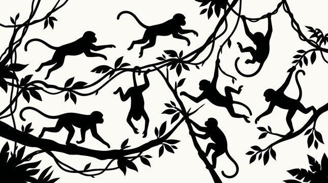 Monkeys hanging from tree branches in forest.