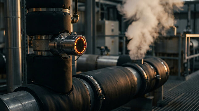 Sleek Geothermal Wellhead Piping with Glowing Indicator Ring