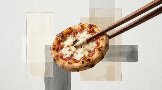 Floating margherita pizza being grabbed with wooden chopsticks in artistic way.