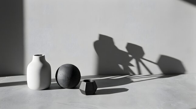 Elegant still life of minimalist ceramic and stone objects bathed in dramatic natural light, casting long, artistic shadows against a textured wall