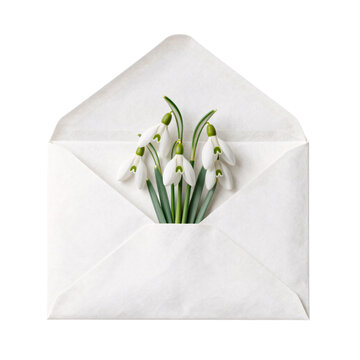 Beautiful snowdrops emerging from an open envelope on a white background