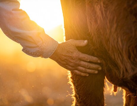 Farmer hand palpating cow hip bone with warm corral bokeh. A concept of body condition scoring.