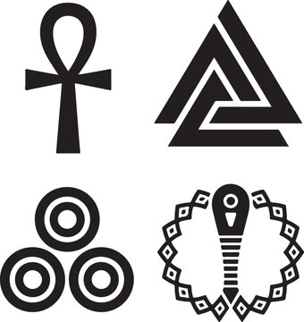 Symbols including an ankh and valknut are presented as a collection of four distinct black graphic icons arranged on a clean white background to represent ancient cultural and spiritual heritage.