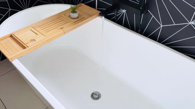 White freestanding bathtub with wooden caddy and decorative plant on edge