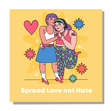 Spread love not hate pride couple vector illustration with rainbow theme