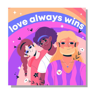 Love always wins pride friends vector illustration with diverse community