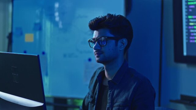Young male developer wearing glasses works focused at his computer near a whiteboard in a dark blue lit modern technology office during a late night coding session.