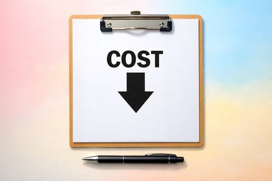 Cost reduction concept on clipboard with downward arrow