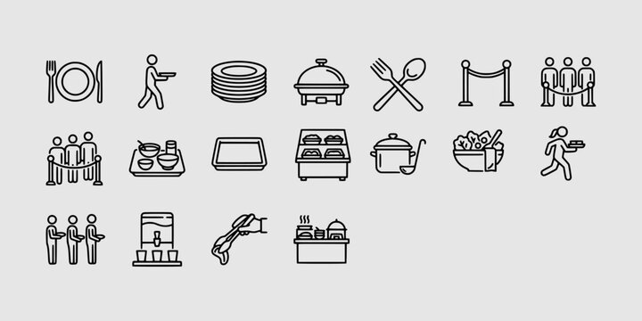 Icon set collection of catering, restaurant service, buffet equipment, food handling tools, and professional dining hospitality essentials in outline style.