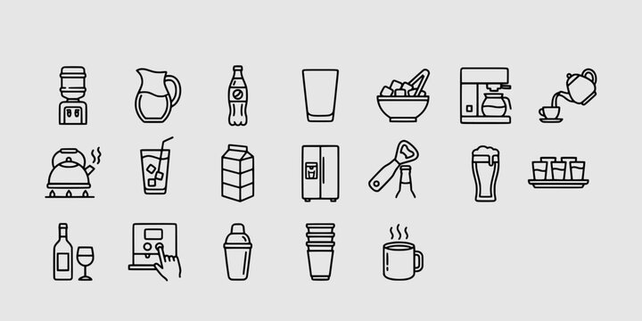 Icon set collection of beverages, bar service equipment, coffee machines, glassware, drink dispensers, and beverage preparation tools for hospitality.