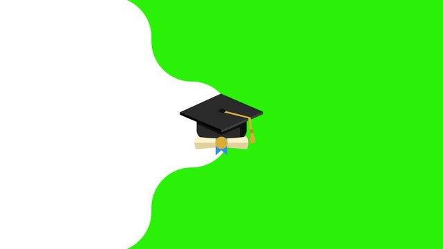 University Graduation Cap Mortarboard and Diploma Ribbon Floating Animation Split Screen Layout with Green Screen
