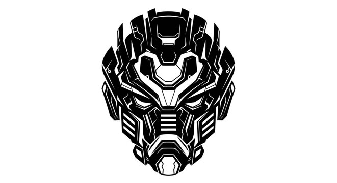 Detailed mechanical robot head for sci-fi branding.