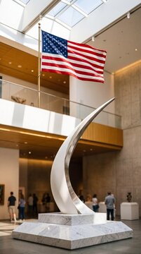 American flag waving above modern silver sculpture in museum with people around
