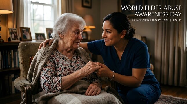 Caregiver supporting an elderly woman on world elder abuse awareness day