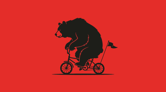 Black bear silhouette riding a bicycle on red background.