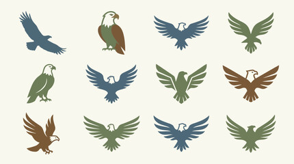 Fototapeta premium Eagle silhouettes in various flight and standing positions are displayed as a set of flat icons.