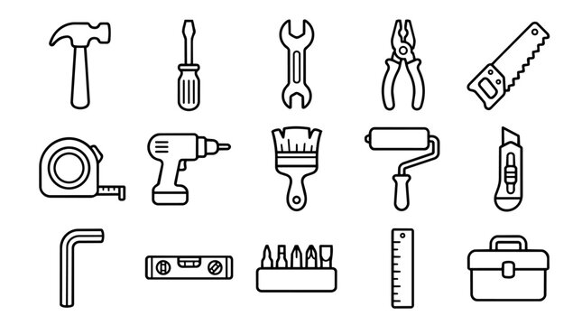 Set of essential hand tools outline icons