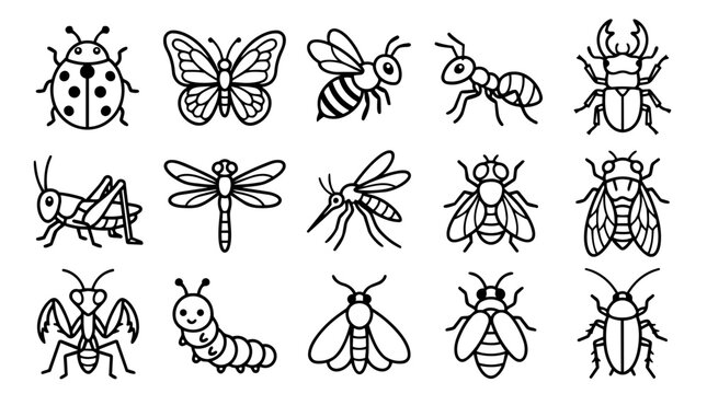 Cute outline insect icon set