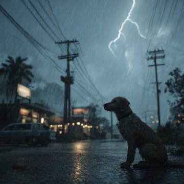 Rainy urban street scene with wet road reflections, heavy rain and dramatic thunderstorm lightning in the sky, lonely dog walking through the street in moody weather atmosphere