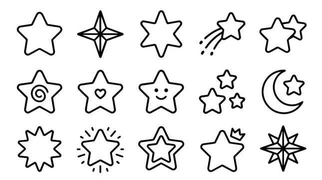 Set of diverse star shapes and celestial outline icons