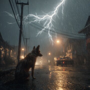 Rainy urban street scene with wet road reflections, heavy rain and dramatic thunderstorm lightning in the sky, lonely dog walking through the street in moody weather atmosphere