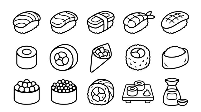 Sushi and Japanese food line icons set