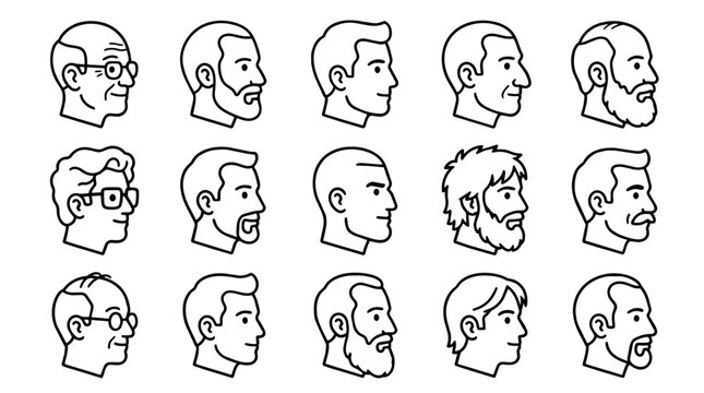 Diverse men's head profiles icon set