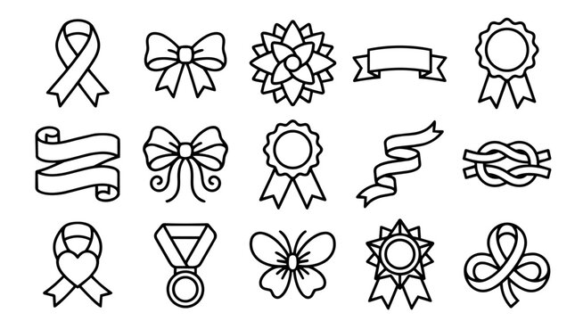 Outline ribbon, bow, and award line icons set
