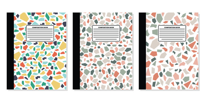 Colorful Terrazzo Pattern Composition Notebook Cover Vector Template, Playful Bright Mosaic Abstract Background Design for KDP Print on Demand and Kids School Supplies
