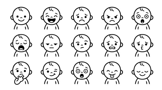 Cute baby faces showing various emotions icon set
