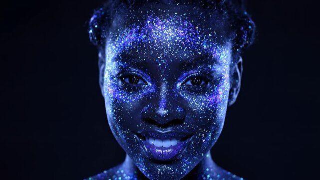 Closeup Portrait of a Woman Covered in Blue Glitter Under UV Light.