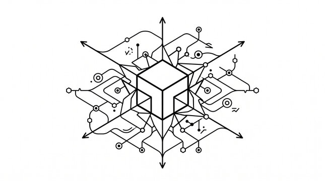 Vector illustration of a cube with geometric lines and arrows