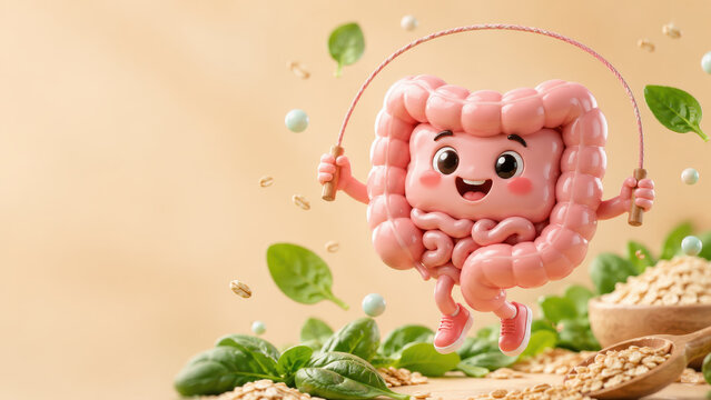 3d intestine cartoon character jump rope healthy digestive system concept with grain and spinach background medical wellness illustration