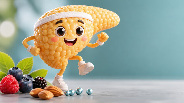 3d pancreas character cartoon health concept with cute sporty organ running happy with almond blueberry and berry on table in medical nutrition scene