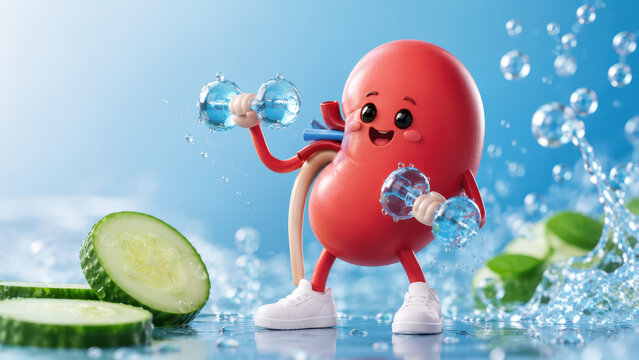 3d medical kidney character fitness concept cute friendly mascot skincare hydration cucumber splash water healthy lifestyle cartoon design